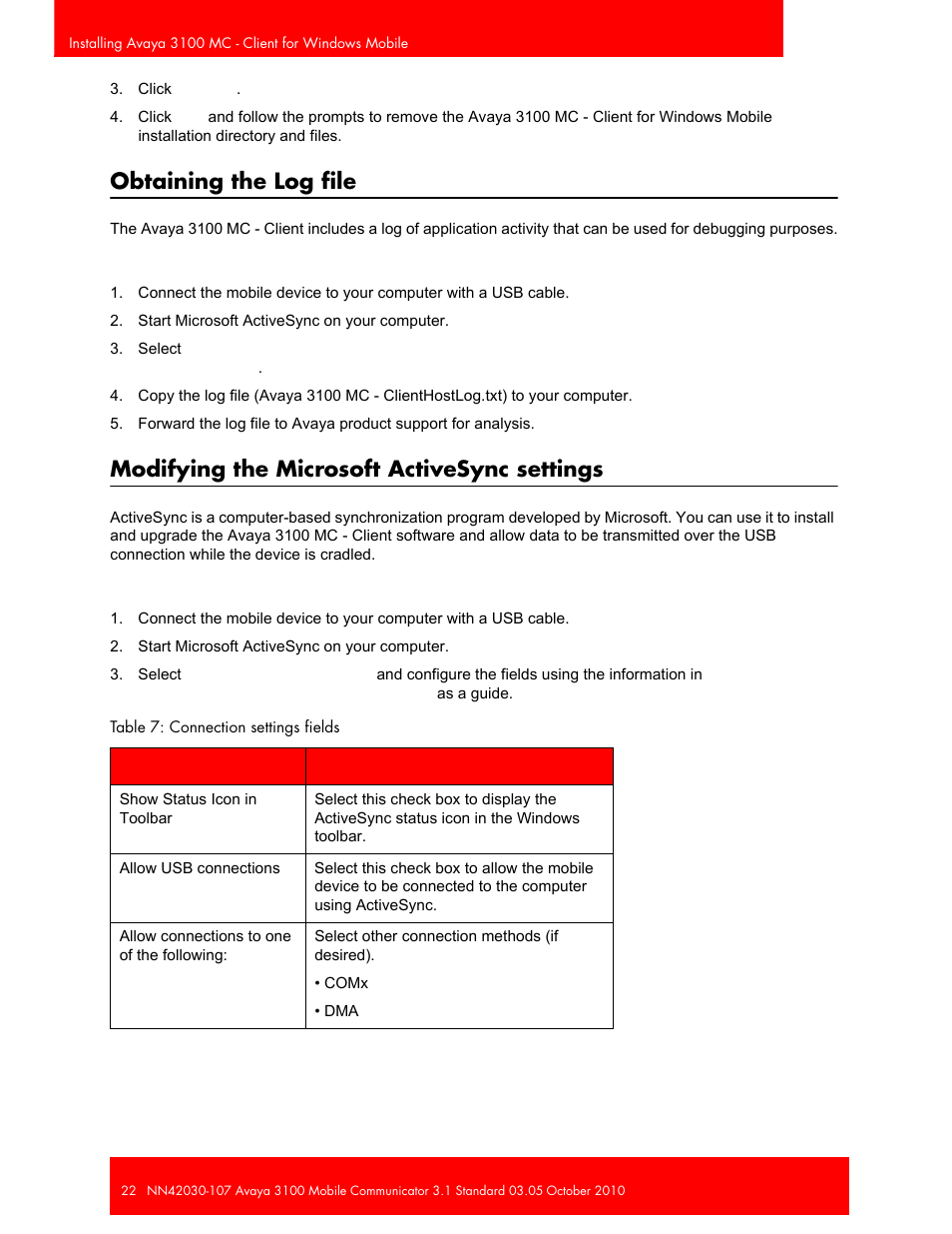 Obtaining the log file, Modifying the microsoft activesync settings | Avaya 3100 User Manual | Page 22 / 84