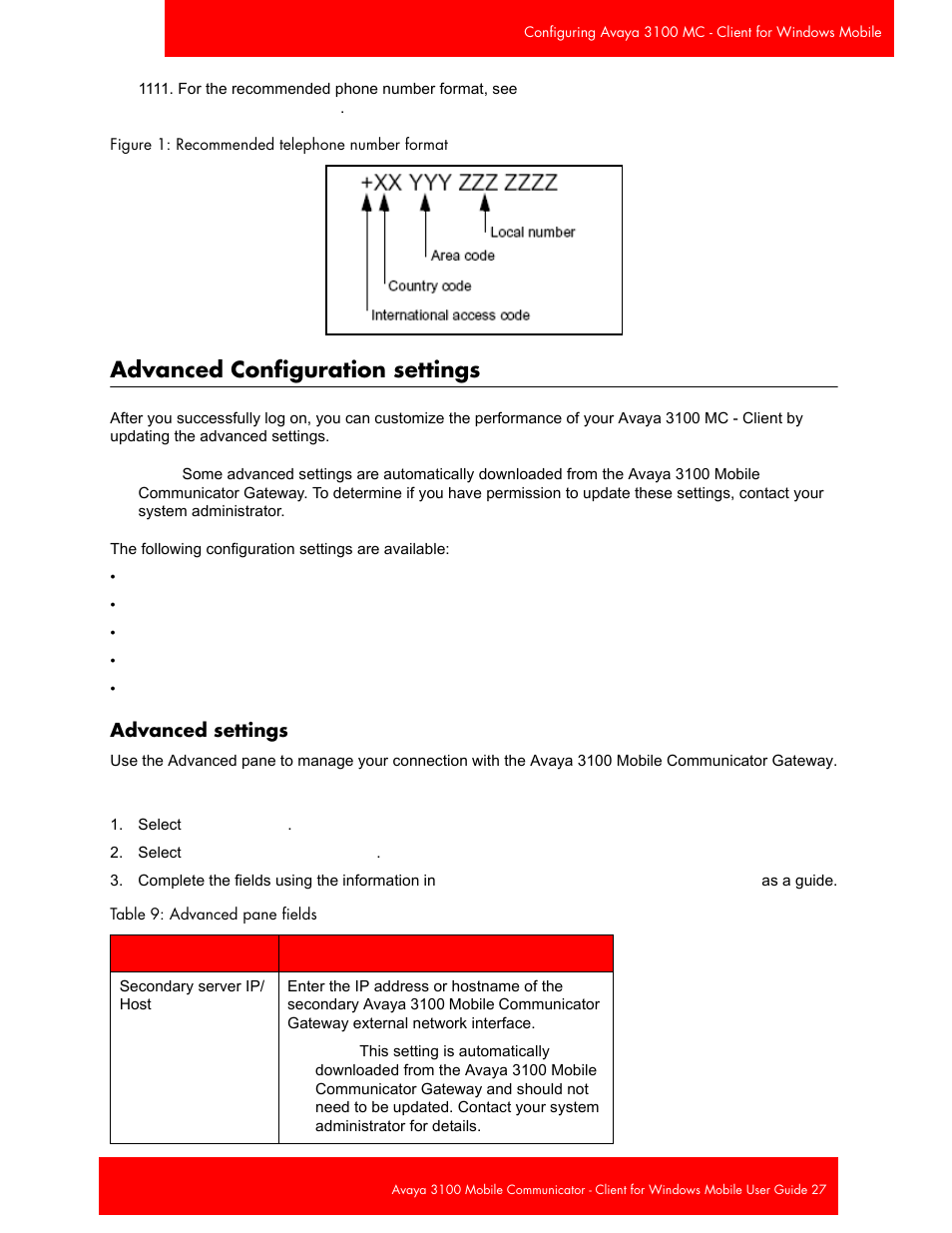 Advanced configuration settings, Advanced settings | Avaya 3100 User Manual | Page 27 / 84