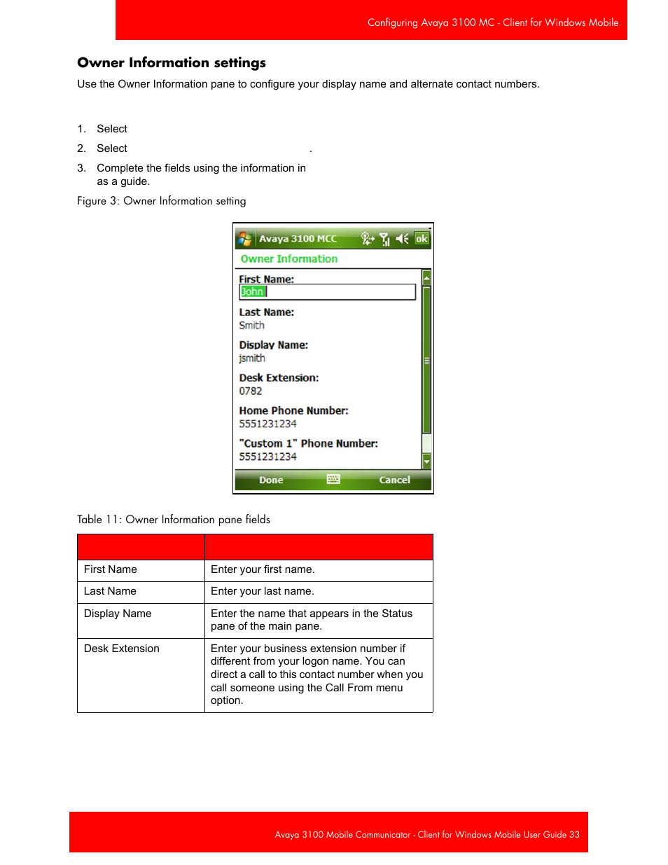 Owner information settings, Owner | Avaya 3100 User Manual | Page 33 / 84