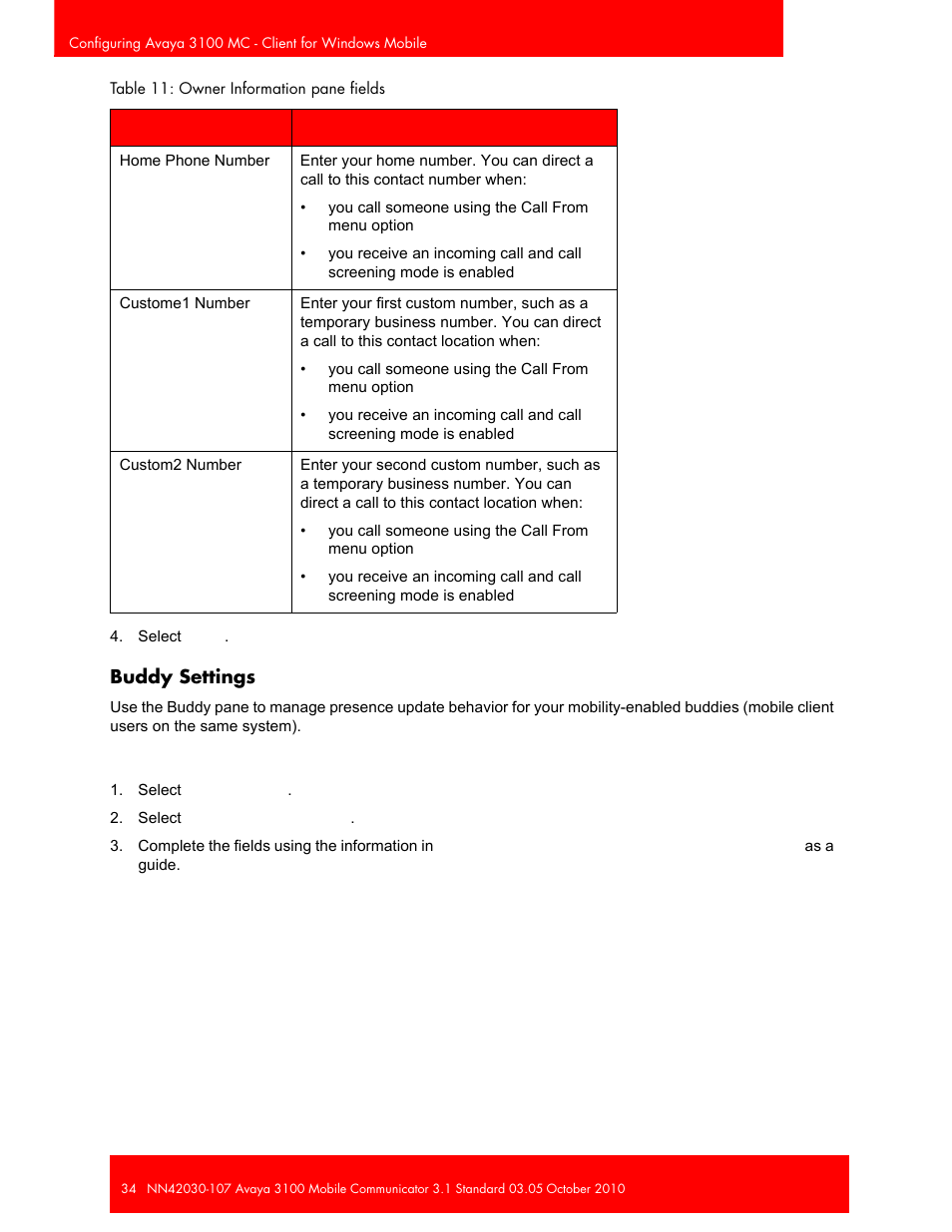 Buddy settings | Avaya 3100 User Manual | Page 34 / 84