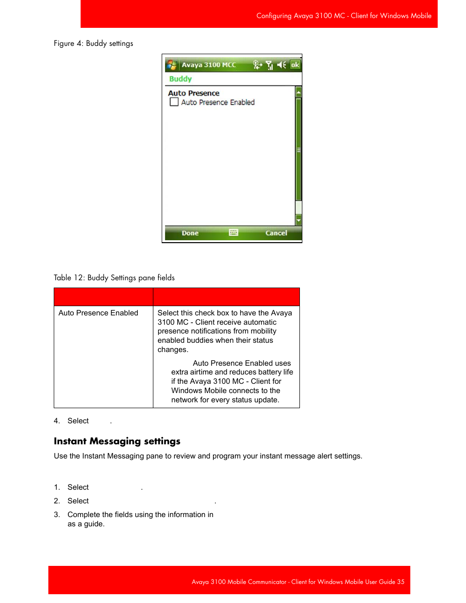 Instant messaging settings | Avaya 3100 User Manual | Page 35 / 84