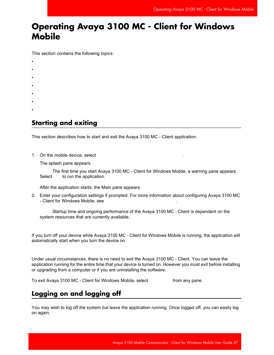 Starting and exiting, Logging on and logging off | Avaya 3100 User Manual | Page 37 / 84