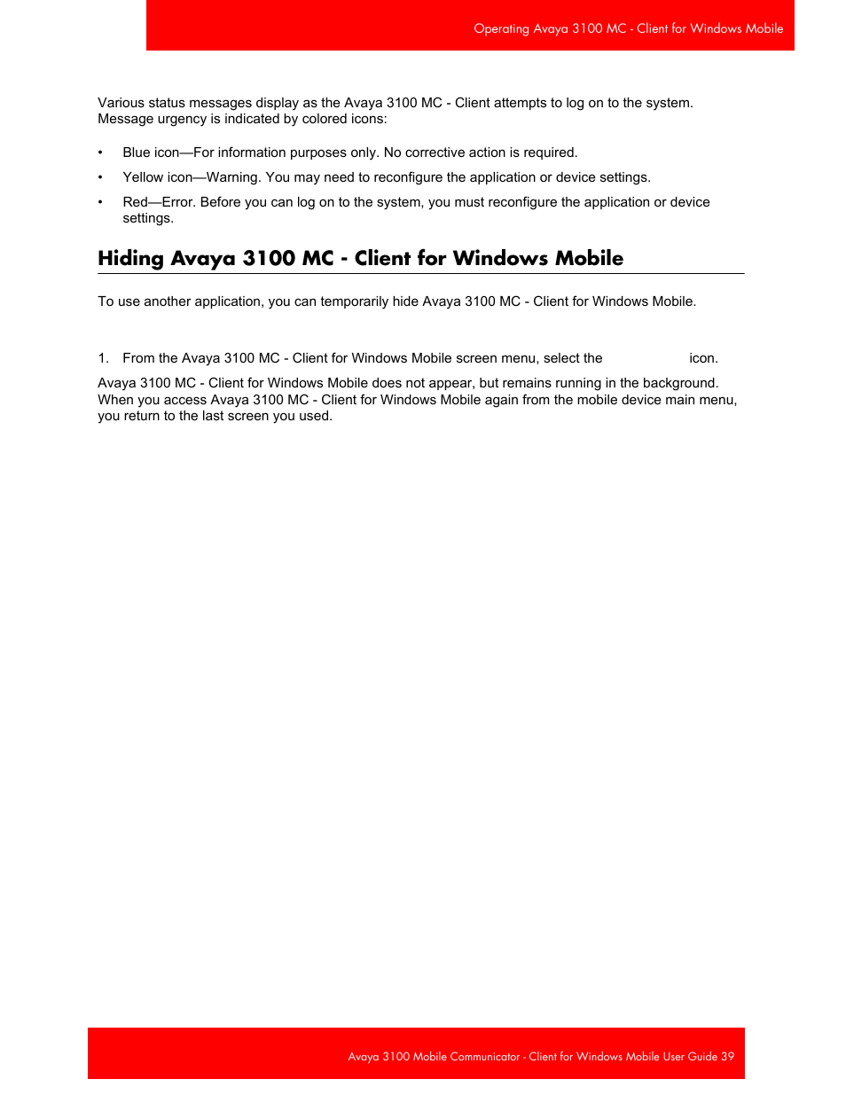 Hiding avaya 3100 mc - client for windows mobile | Avaya 3100 User Manual | Page 39 / 84