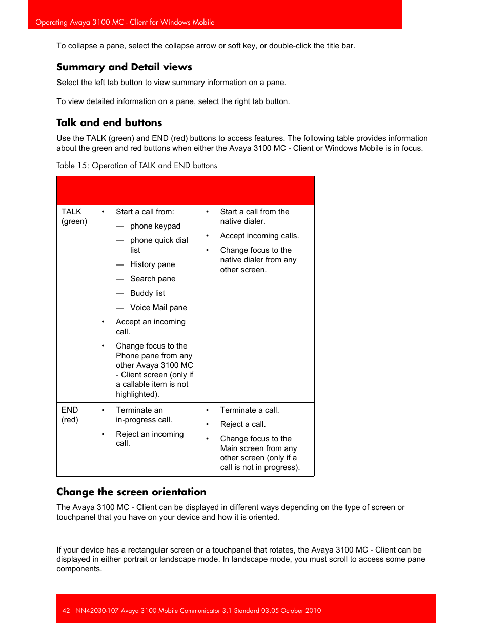 Summary and detail views, Talk and end buttons, Change the screen orientation | Avaya 3100 User Manual | Page 42 / 84