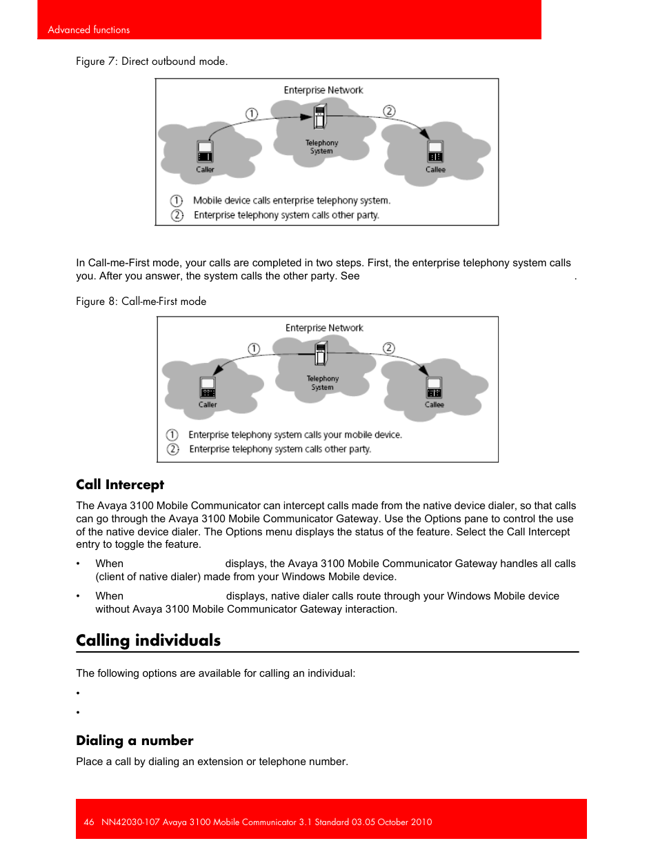 Call intercept, Calling individuals, Dialing a number | Avaya 3100 User Manual | Page 46 / 84