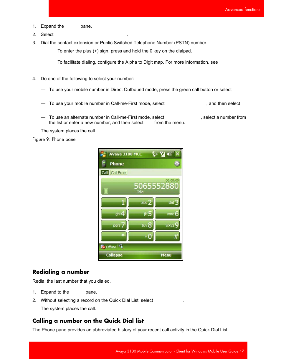 Redialing a number, Calling a number on the quick dial list | Avaya 3100 User Manual | Page 47 / 84