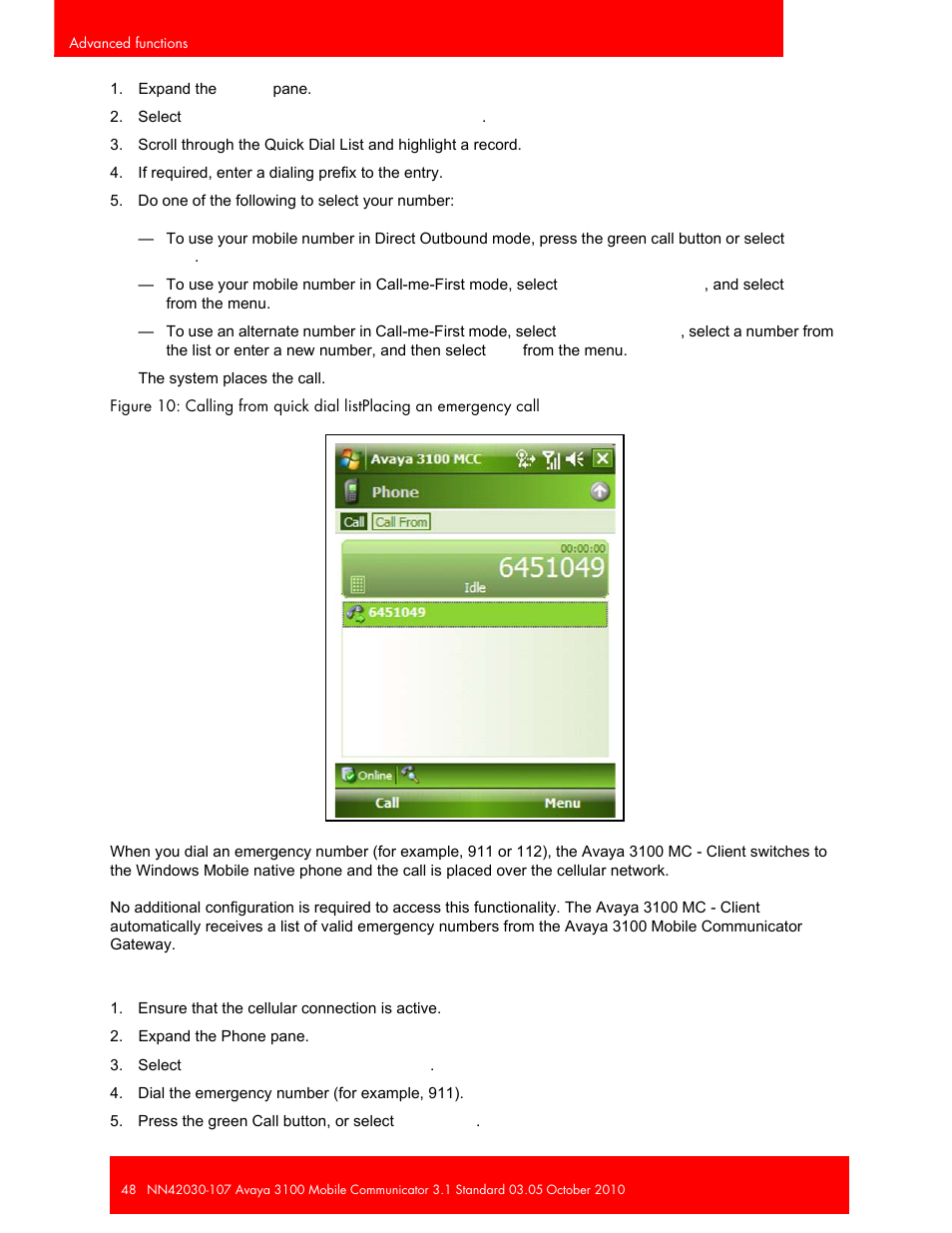 Calling from quick dial listplacing an | Avaya 3100 User Manual | Page 48 / 84