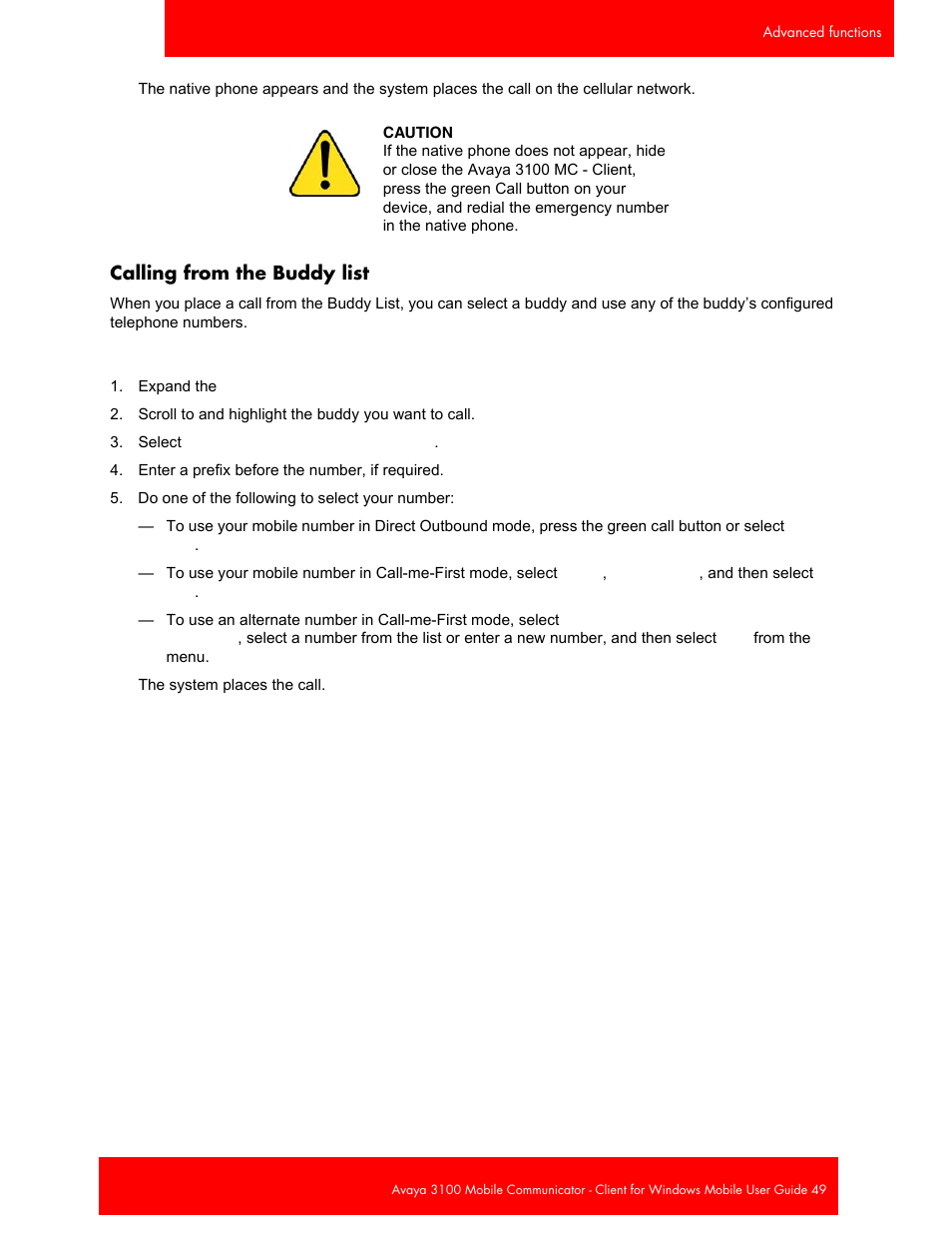 Calling from the buddy list | Avaya 3100 User Manual | Page 49 / 84