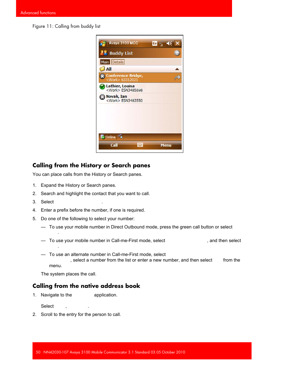 Calling from the history or search panes, Calling from the native address book | Avaya 3100 User Manual | Page 50 / 84