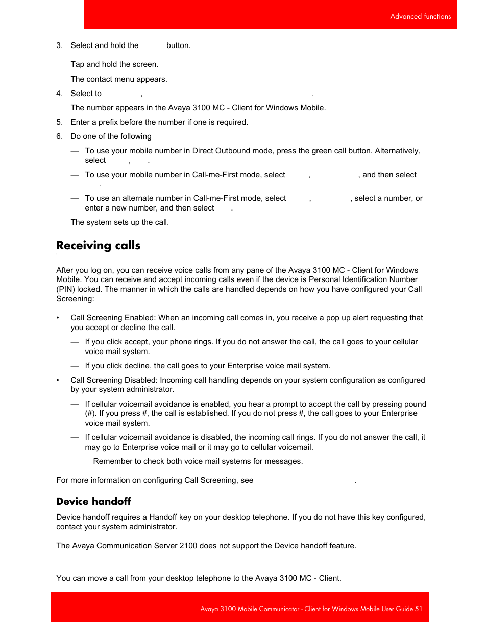 Receiving calls, Device handoff | Avaya 3100 User Manual | Page 51 / 84