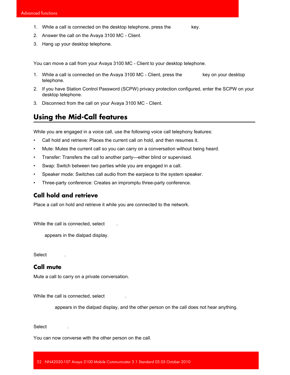 Using the mid-call features, Call hold and retrieve, Call mute | Call hold and retrieve call mute | Avaya 3100 User Manual | Page 52 / 84