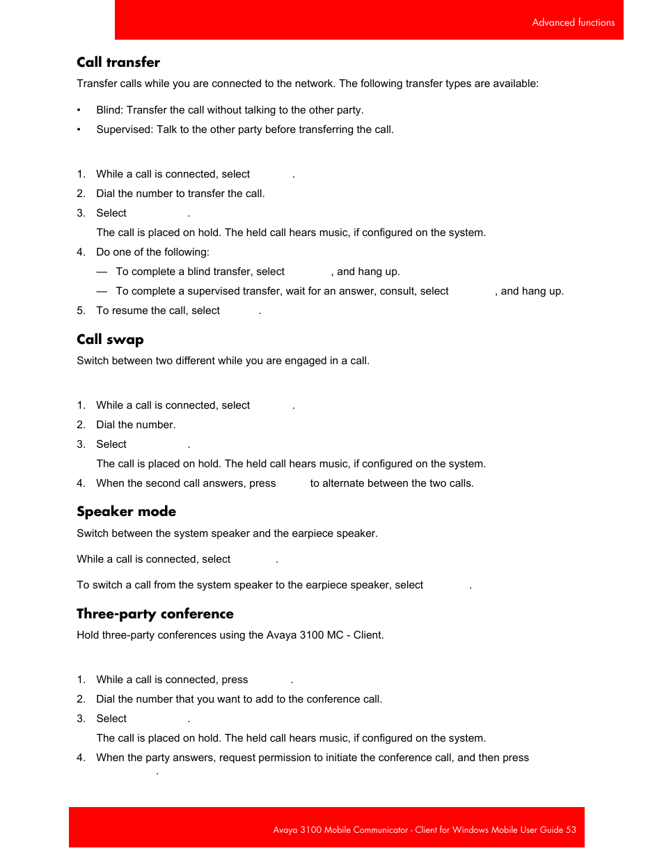 Call transfer, Call swap, Speaker mode | Three-party conference | Avaya 3100 User Manual | Page 53 / 84