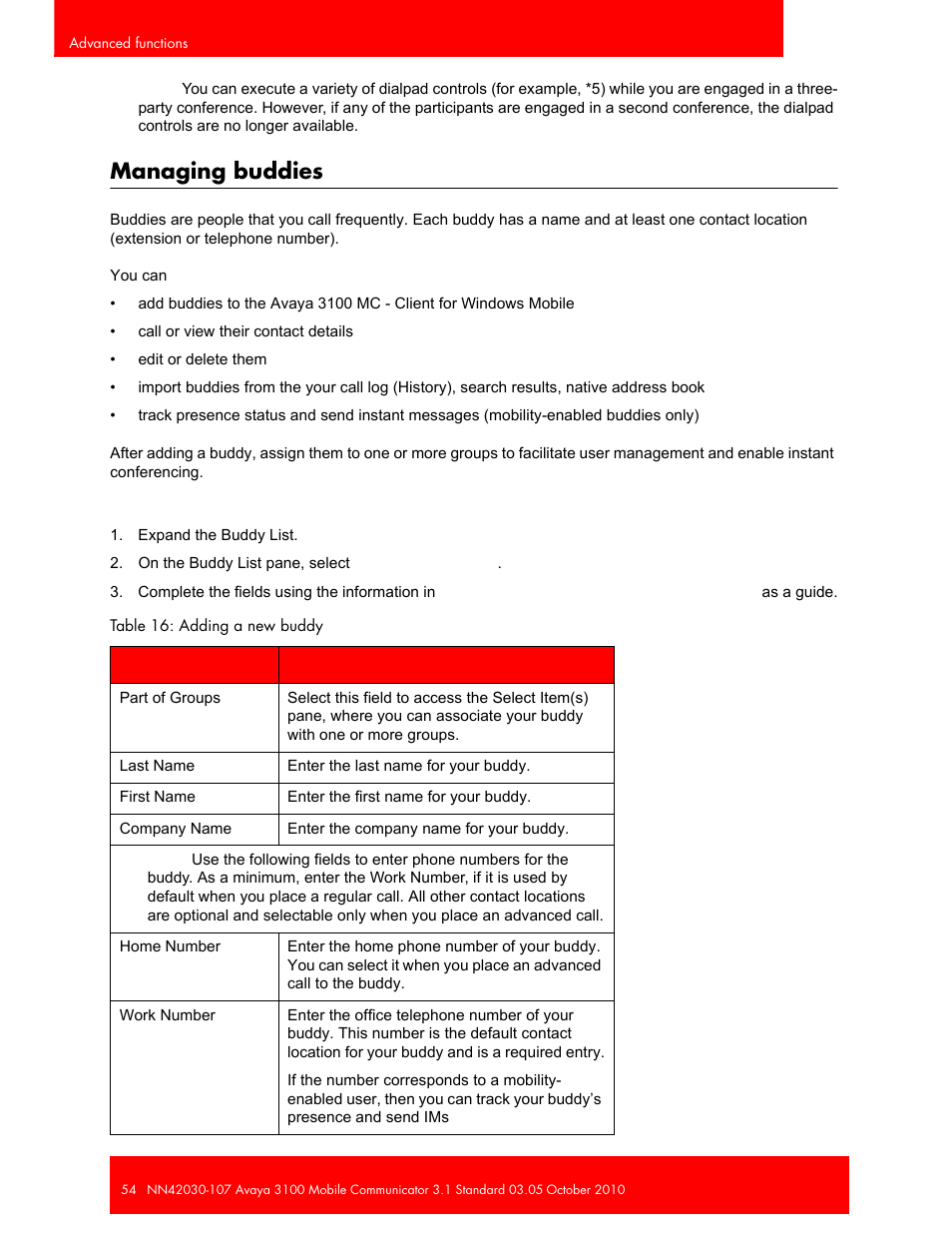 Managing buddies | Avaya 3100 User Manual | Page 54 / 84