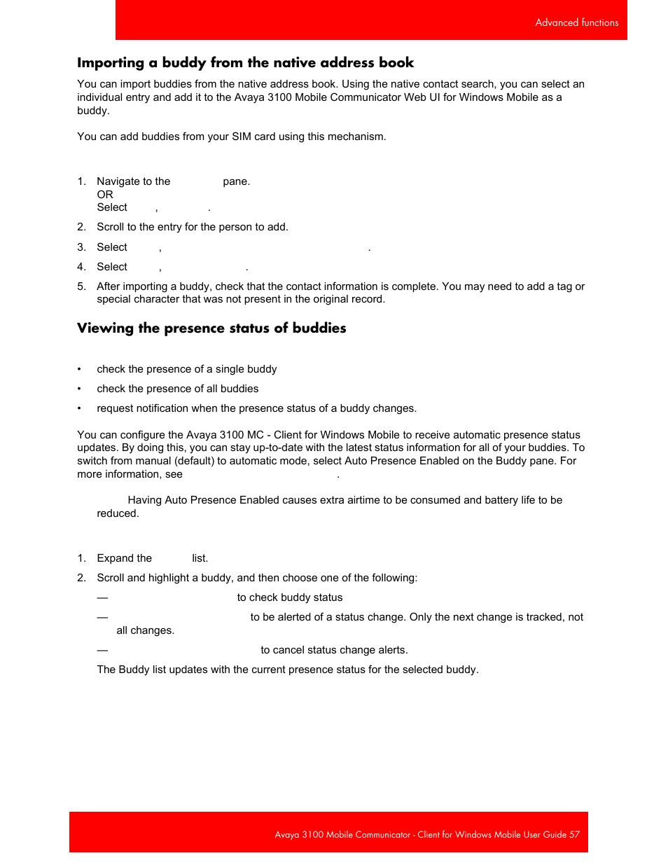 Importing a buddy from the native address book, Viewing the presence status of buddies | Avaya 3100 User Manual | Page 57 / 84