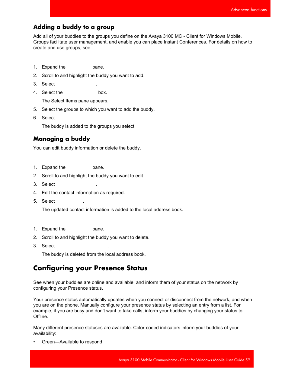 Adding a buddy to a group, Managing a buddy, Configuring your presence status | Adding a buddy to a group managing a buddy | Avaya 3100 User Manual | Page 59 / 84