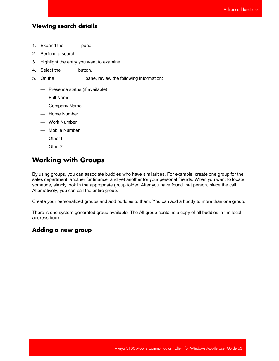 Viewing search details, Working with groups, Adding a new group | Avaya 3100 User Manual | Page 63 / 84