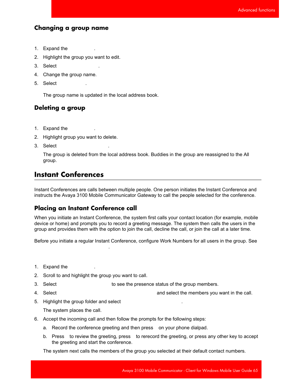 Changing a group name, Deleting a group, Instant conferences | Placing an instant conference call, Changing a group name deleting a group | Avaya 3100 User Manual | Page 65 / 84