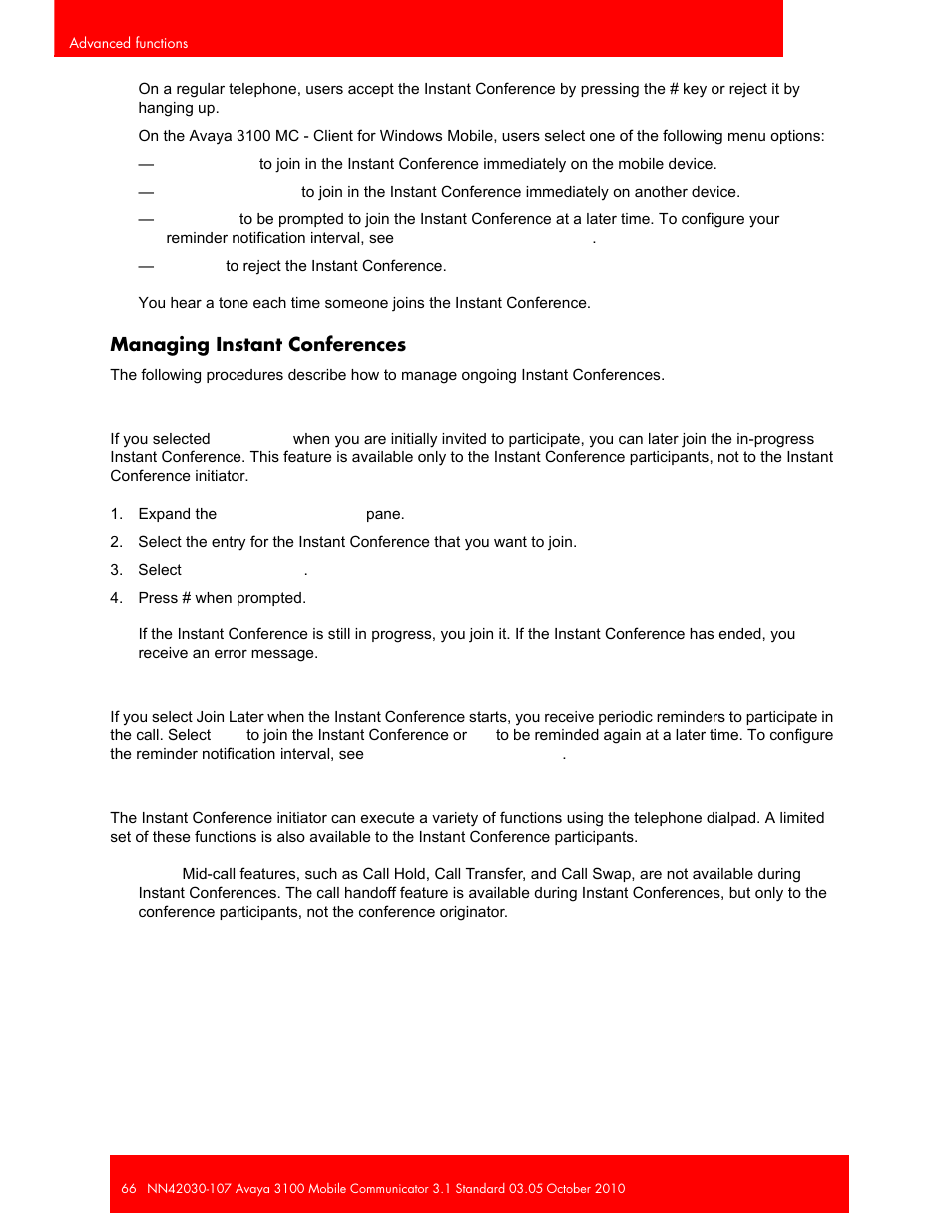 Managing instant conferences | Avaya 3100 User Manual | Page 66 / 84