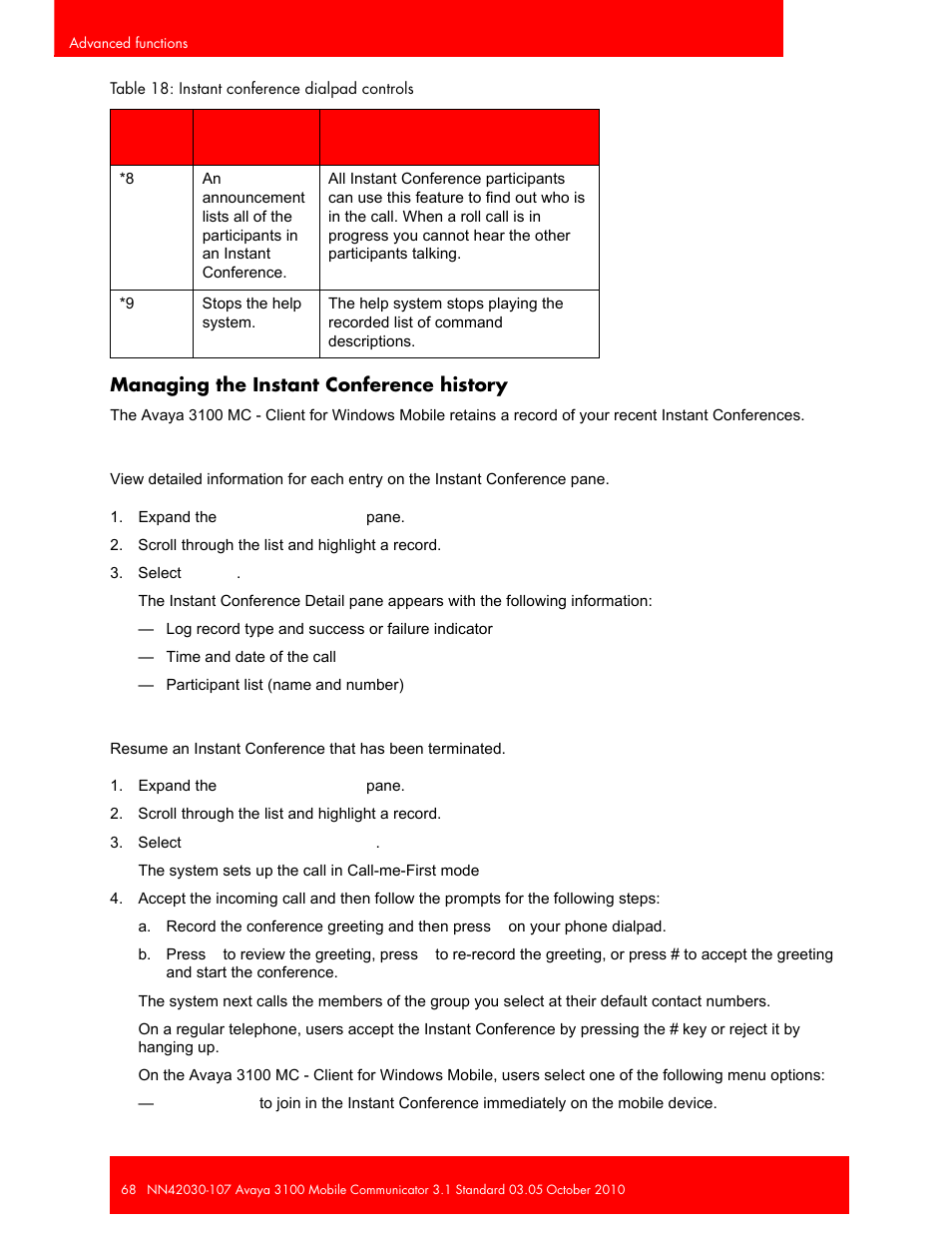 Managing the instant conference history | Avaya 3100 User Manual | Page 68 / 84