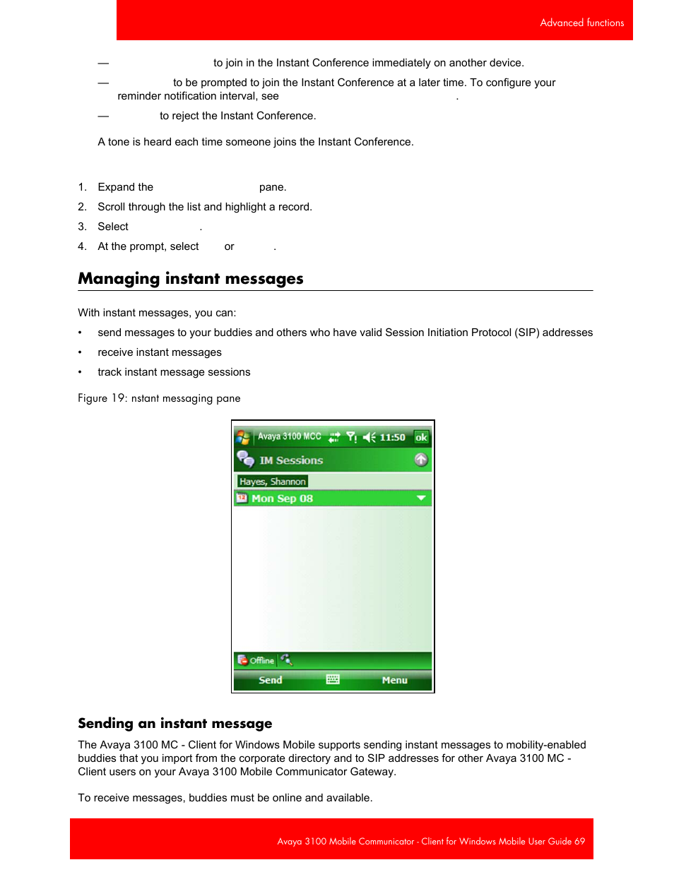 Managing instant messages, Sending an instant message | Avaya 3100 User Manual | Page 69 / 84