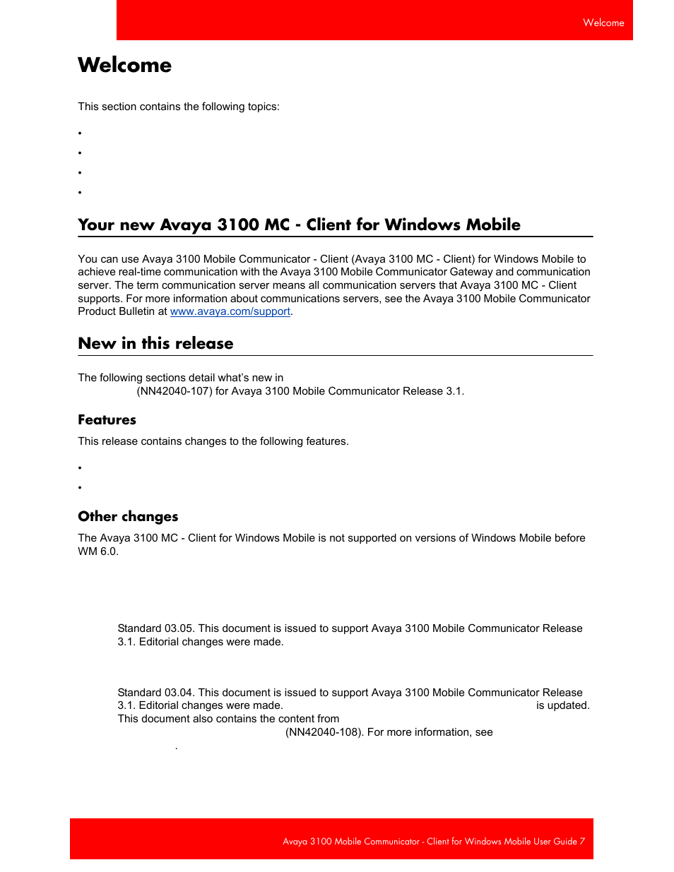 Welcome, Your new avaya 3100 mc - client for windows mobile, New in this release | Features, Other changes, Features other changes | Avaya 3100 User Manual | Page 7 / 84