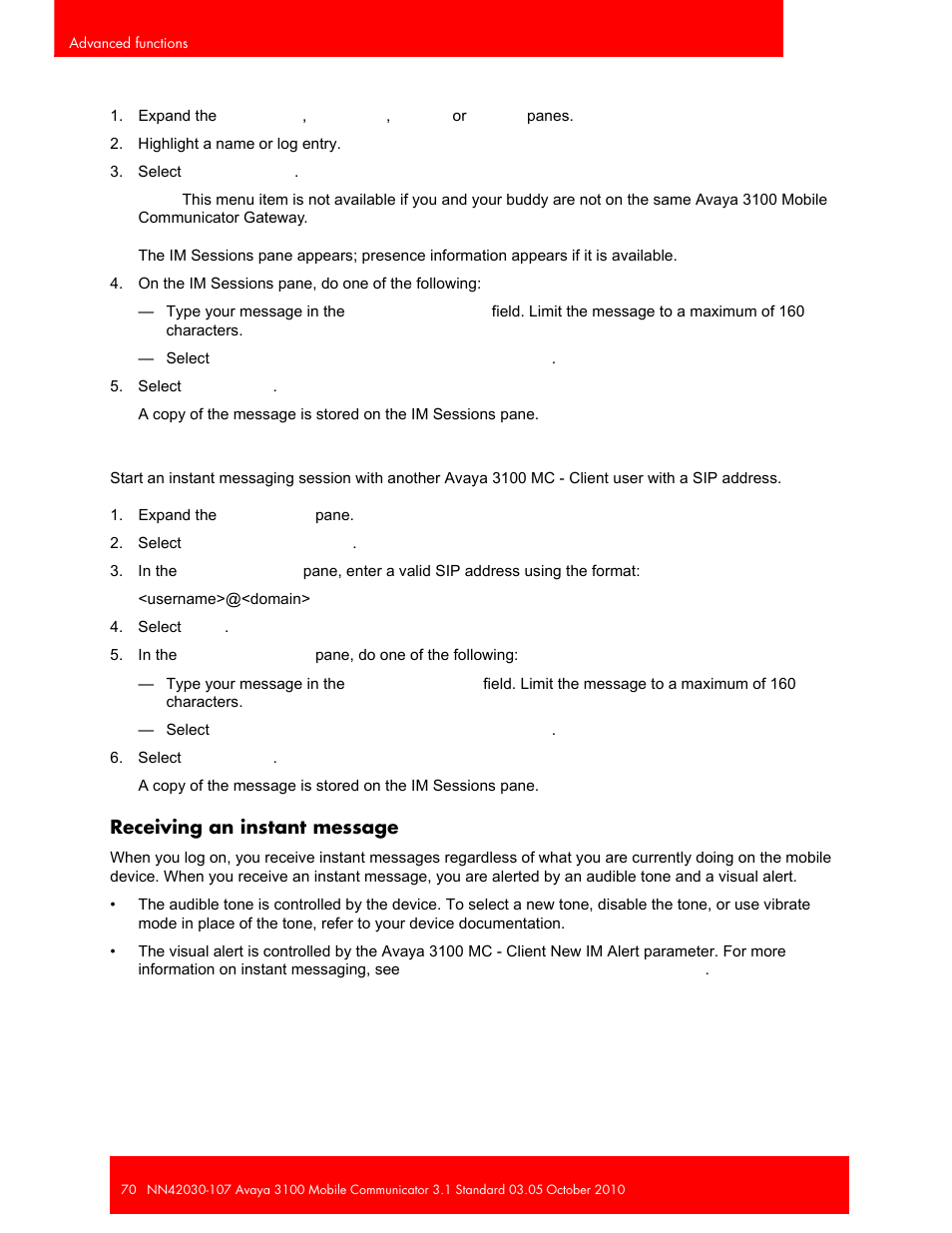 Receiving an instant message | Avaya 3100 User Manual | Page 70 / 84