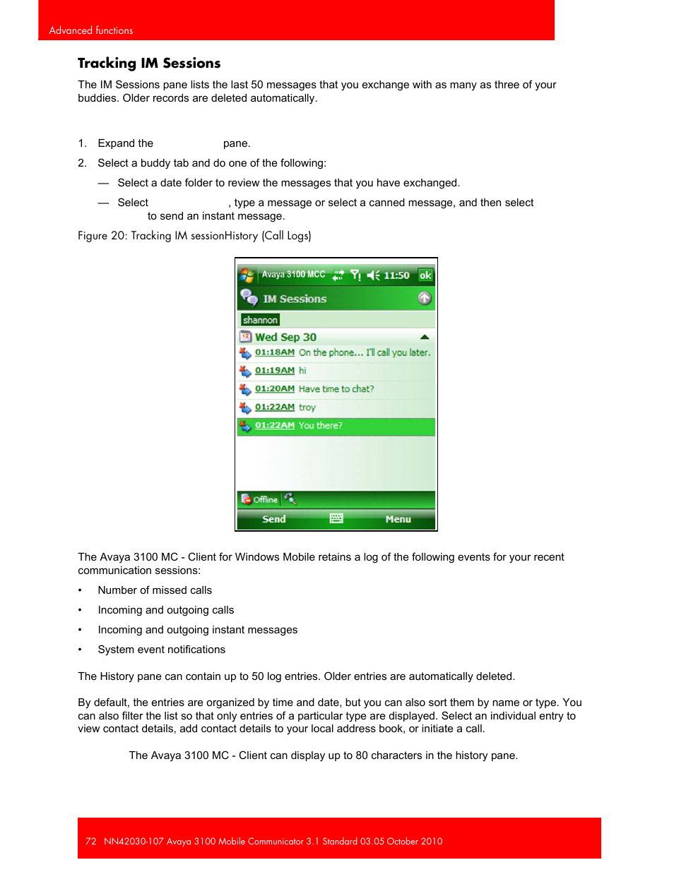 Tracking im sessions | Avaya 3100 User Manual | Page 72 / 84