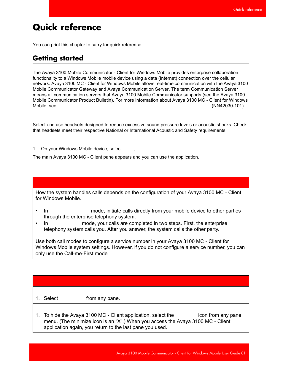 Quick reference, Getting started, Starting the avaya 3100 mc - client | Exiting the avaya 3100 mc - client application, Hiding the avaya 3100 mc - client application | Avaya 3100 User Manual | Page 81 / 84