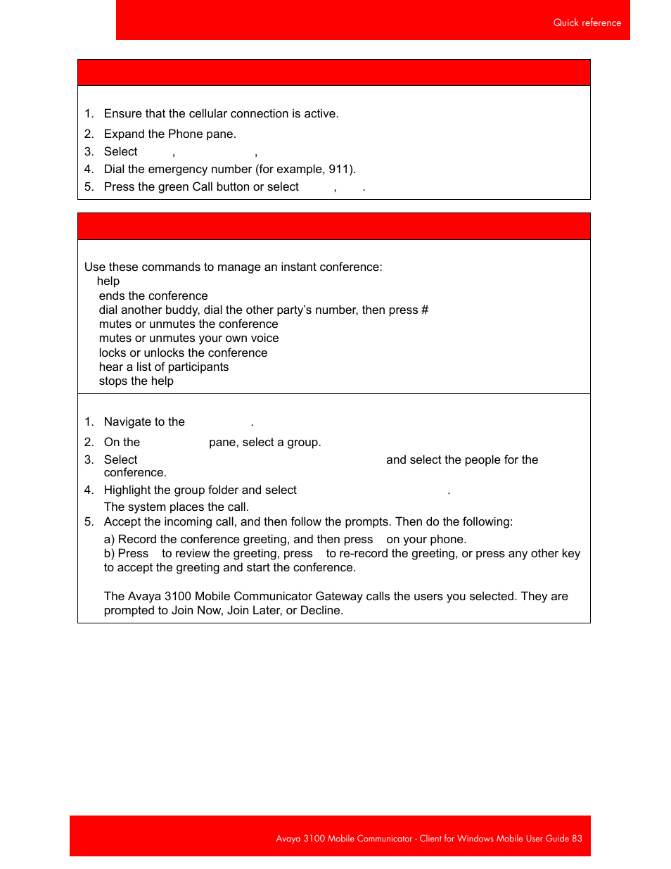 Calling an emergency number, Instant conference commands, Initiating an instant conference | Avaya 3100 User Manual | Page 83 / 84