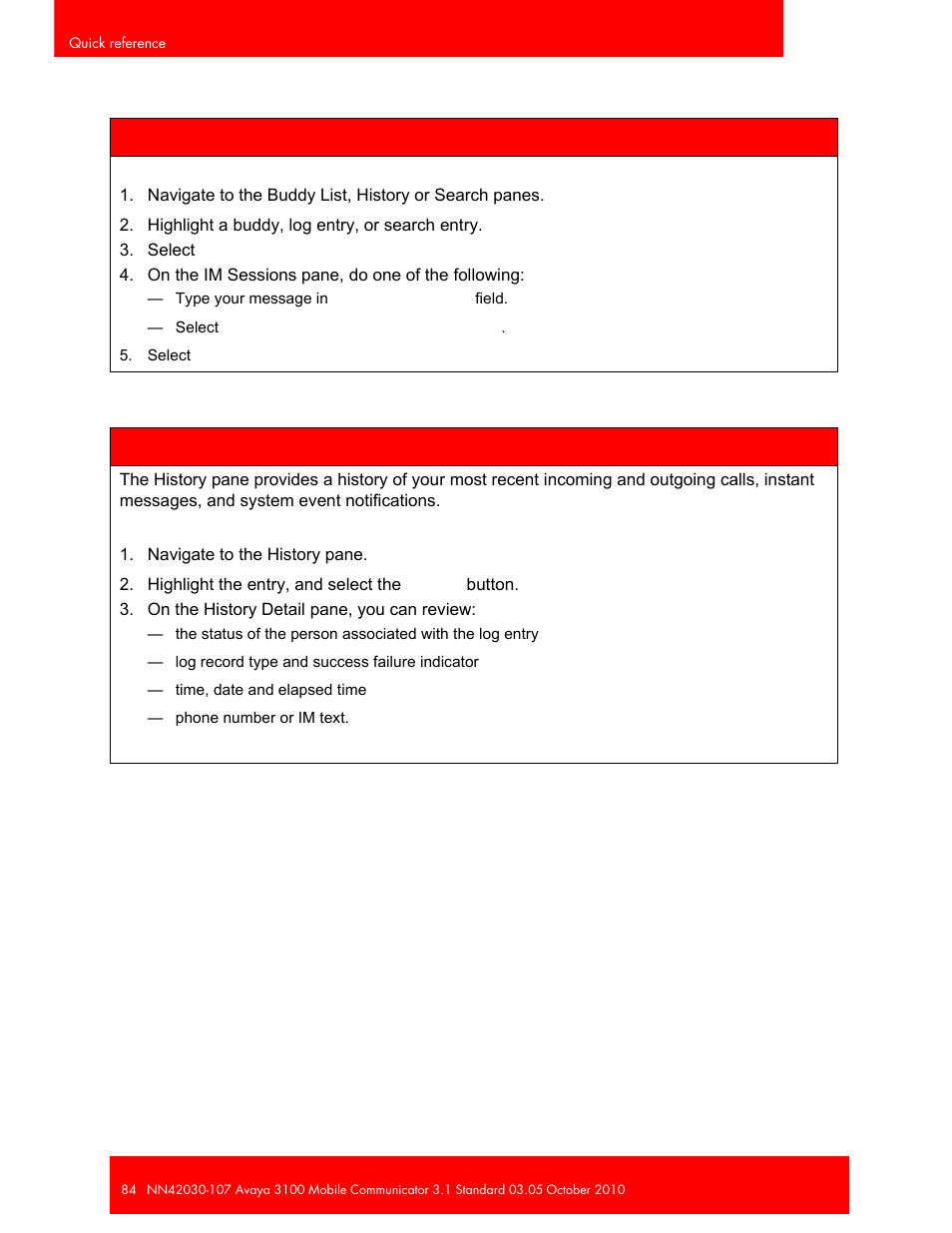 Sending an instant message to a buddy, Viewing the history (call logs) pane | Avaya 3100 User Manual | Page 84 / 84