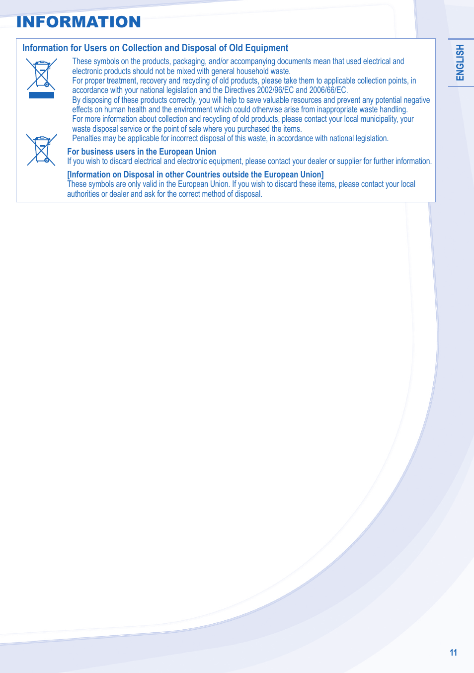 Information | Panasonic WHMXC12D9E8 User Manual | Page 11 / 92