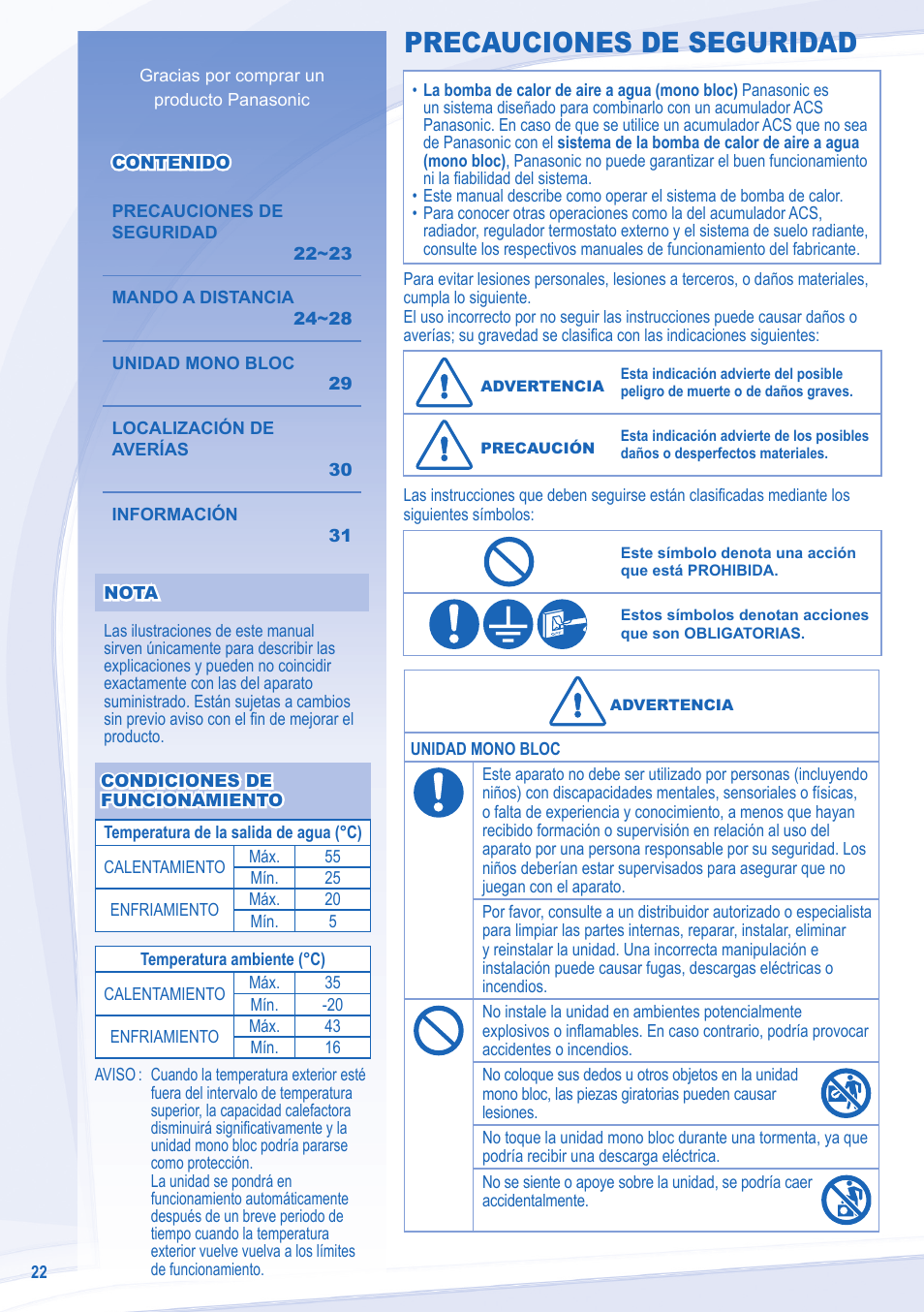 Precauciones de seguridad | Panasonic WHMXC12D9E8 User Manual | Page 22 / 92