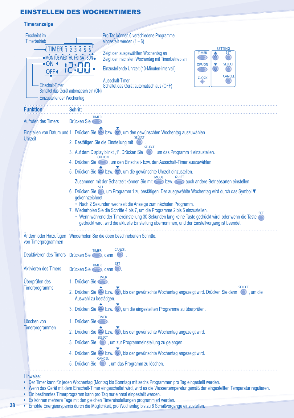 Funktion, Einstellen des wochentimers | Panasonic WHMXC12D9E8 User Manual | Page 38 / 92
