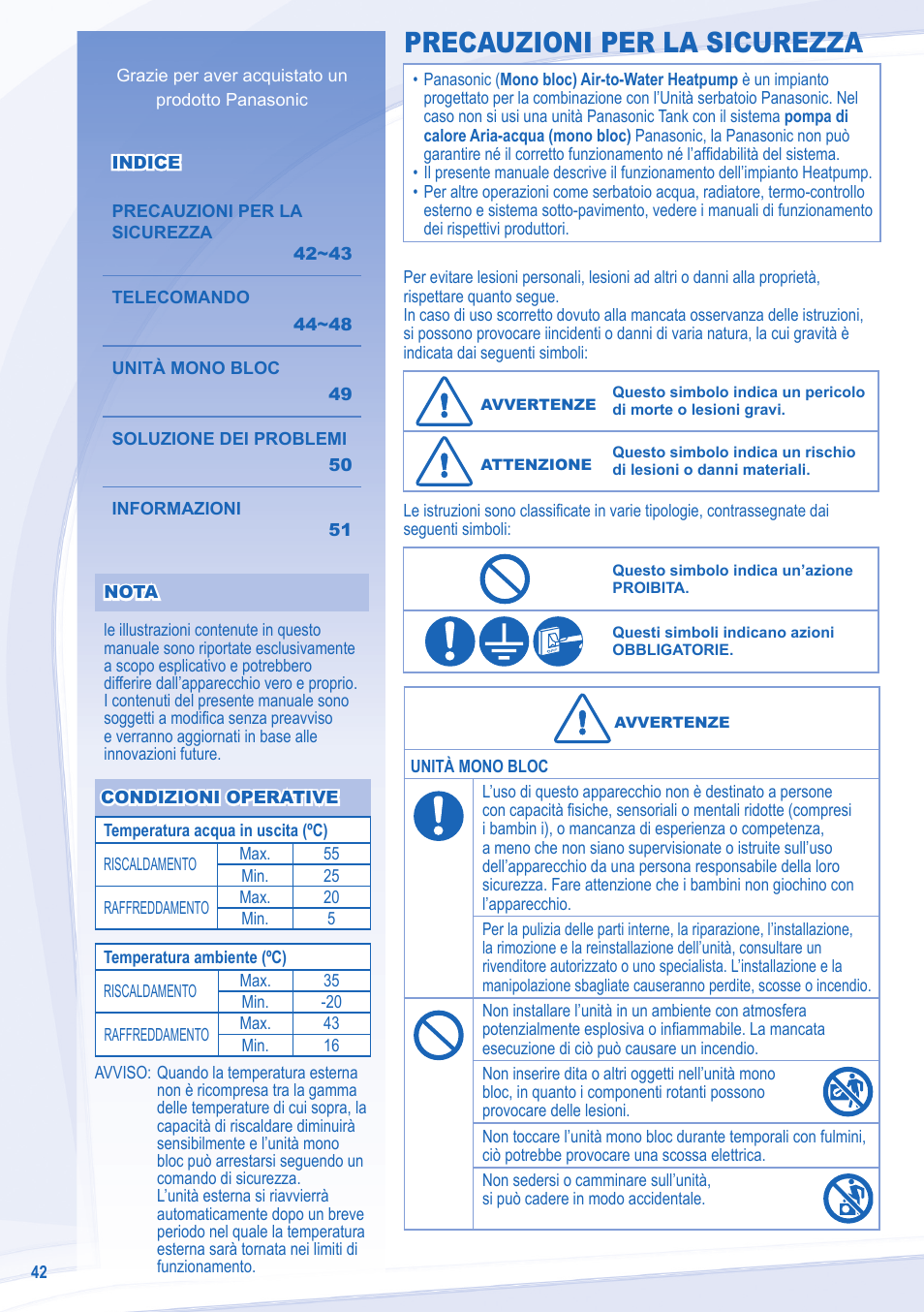 Precauzioni per la sicurezza | Panasonic WHMXC12D9E8 User Manual | Page 42 / 92