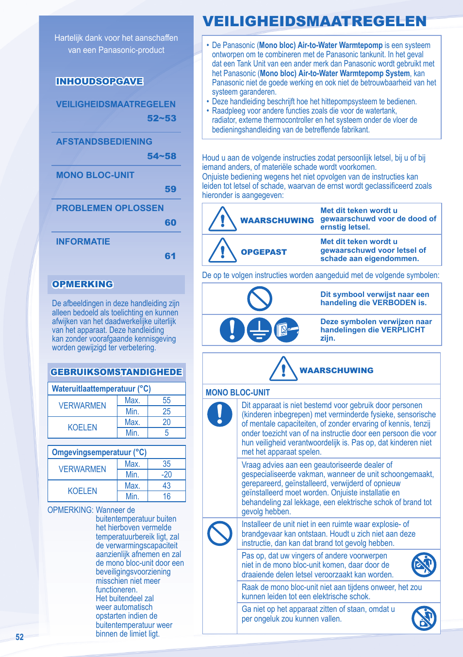 Veiligheidsmaatregelen | Panasonic WHMXC12D9E8 User Manual | Page 52 / 92