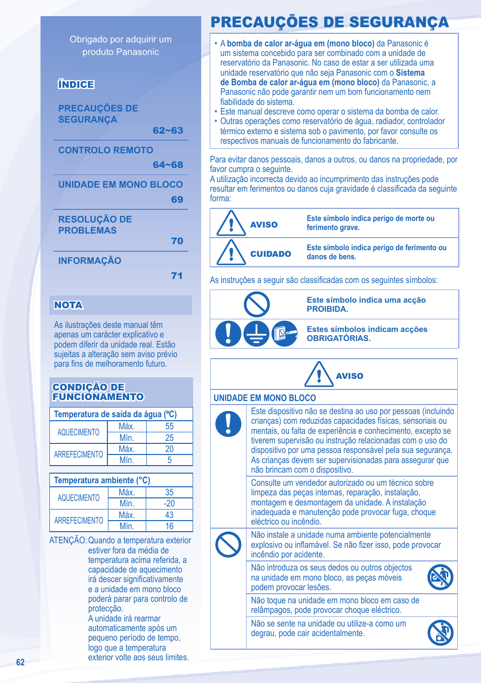 Precauções de segurança | Panasonic WHMXC12D9E8 User Manual | Page 62 / 92
