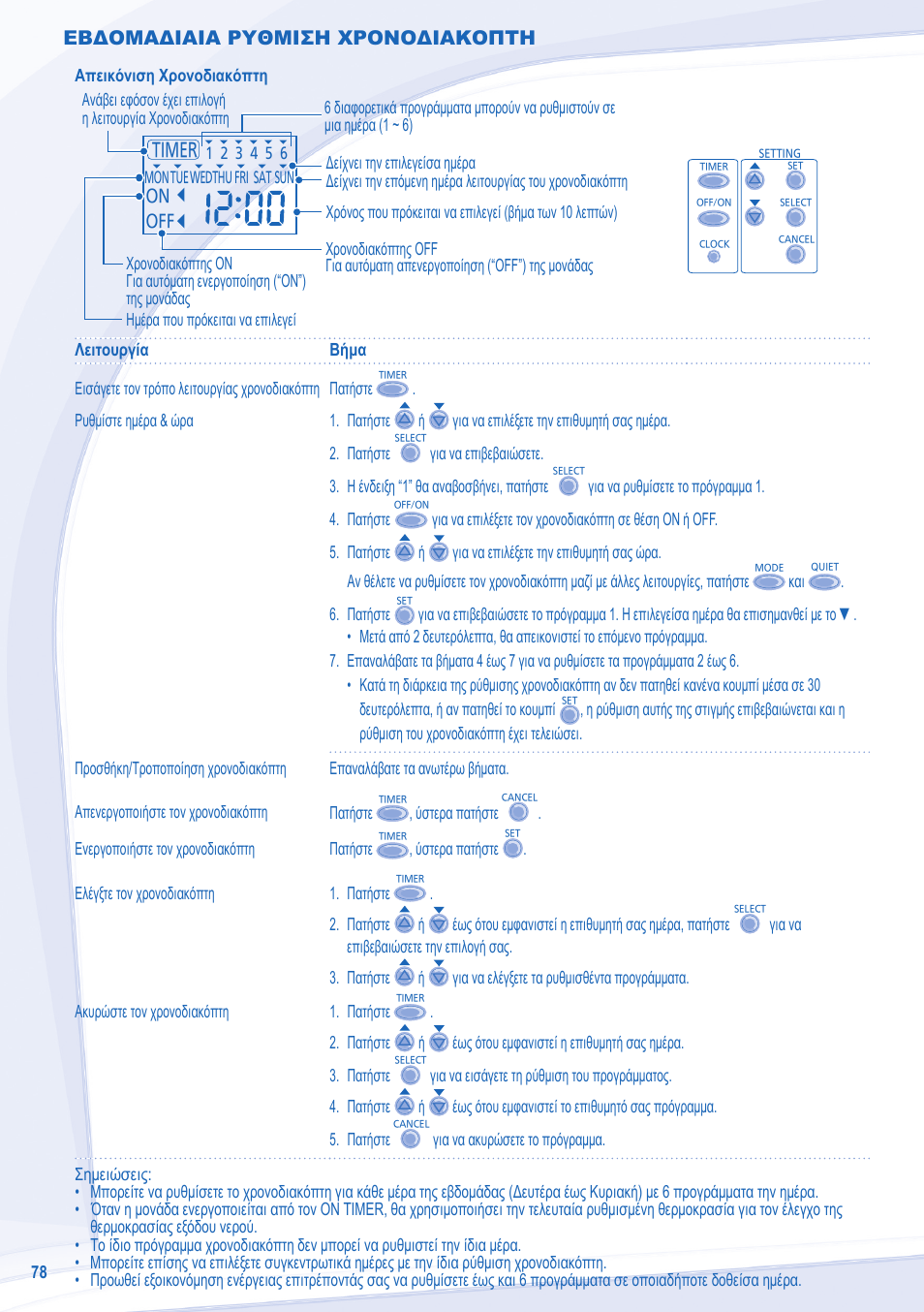 Εβδομαδιαια ρυθμιση χρονοδιακοπτη | Panasonic WHMXC12D9E8 User Manual | Page 78 / 92