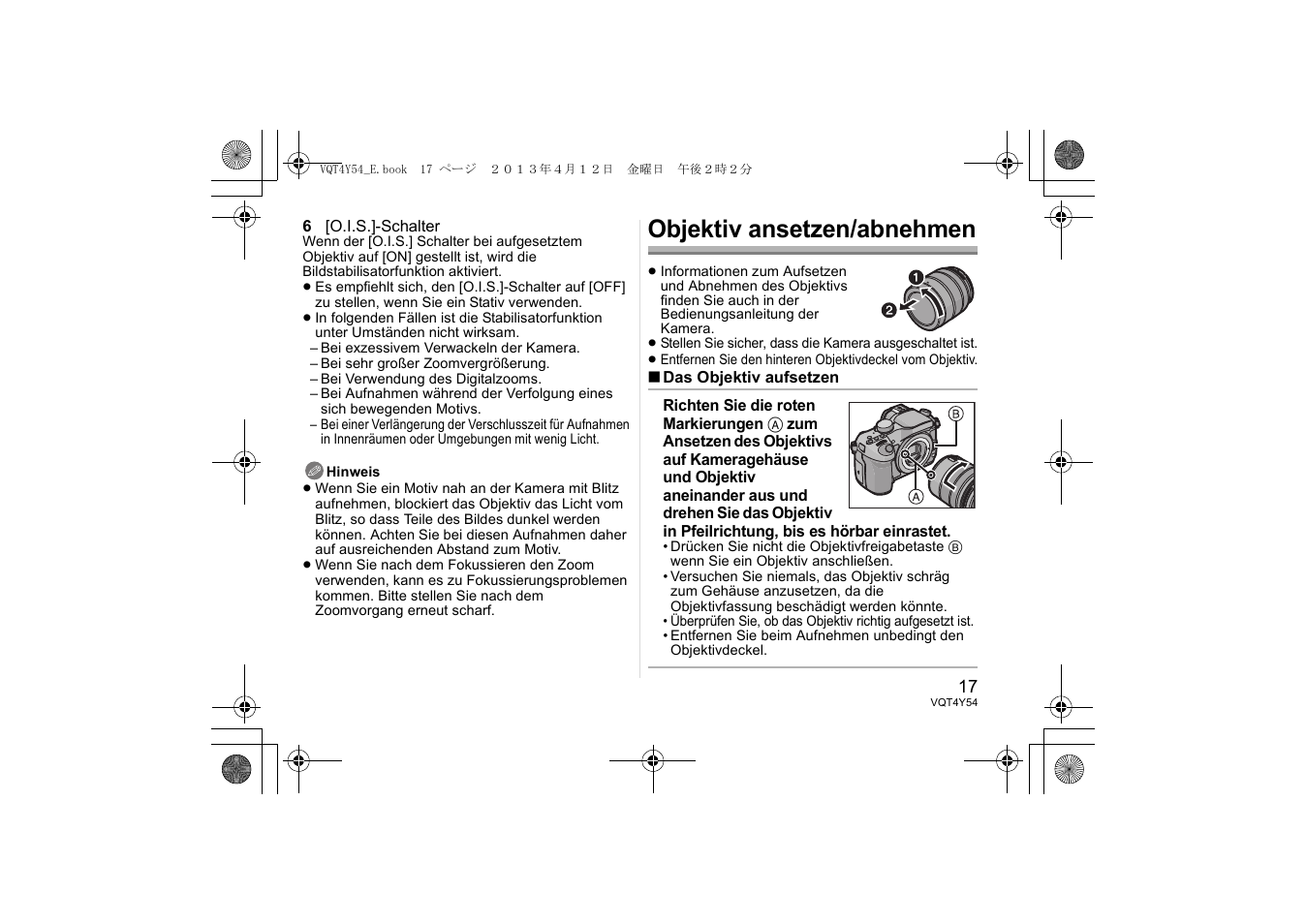 Objektiv ansetzen/abnehmen | Panasonic HFS14140E User Manual | Page 17 / 72