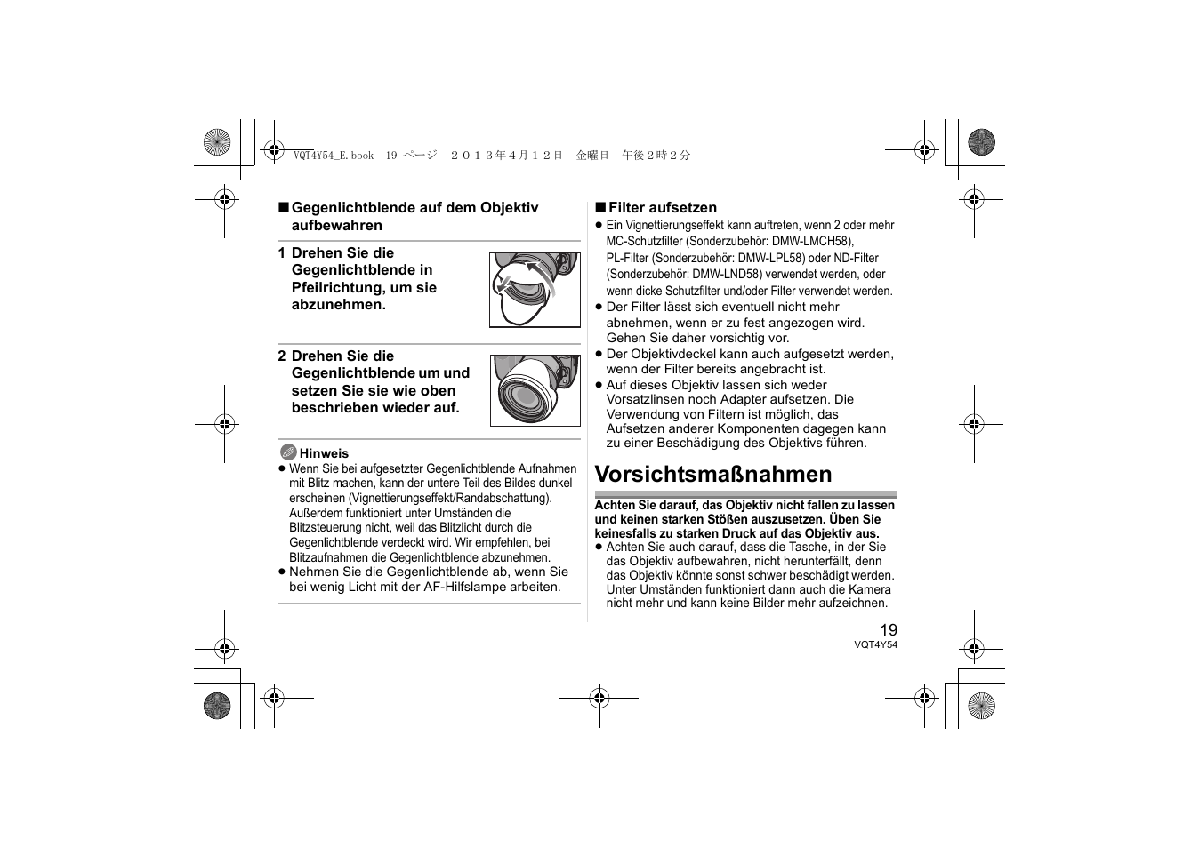 Vorsichtsmaßnahmen | Panasonic HFS14140E User Manual | Page 19 / 72