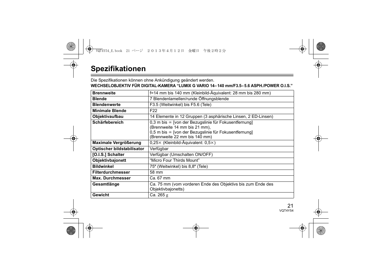 Spezifikationen | Panasonic HFS14140E User Manual | Page 21 / 72