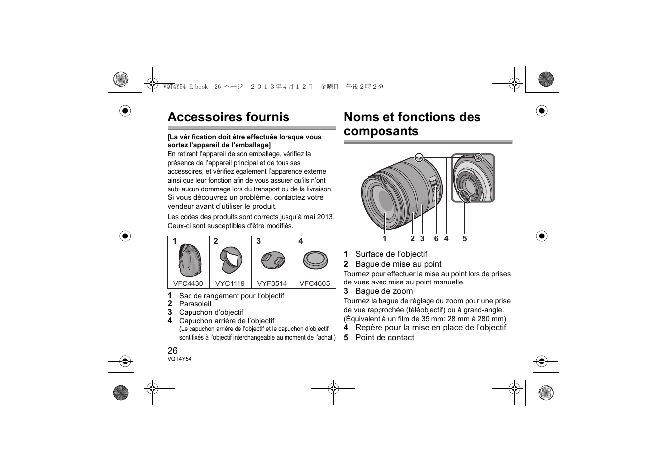 Accessoires fournis, Noms et fonctions des composants | Panasonic HFS14140E User Manual | Page 26 / 72