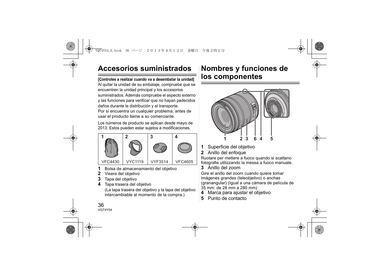 Accesorios suministrados, Nombres y funciones de los componentes | Panasonic HFS14140E User Manual | Page 36 / 72