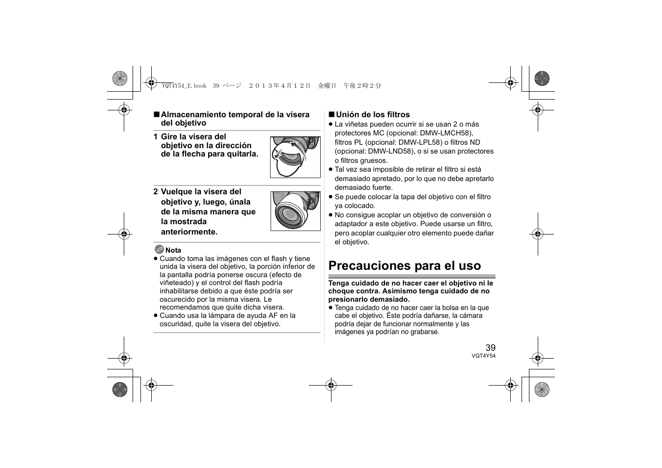 Precauciones para el uso | Panasonic HFS14140E User Manual | Page 39 / 72