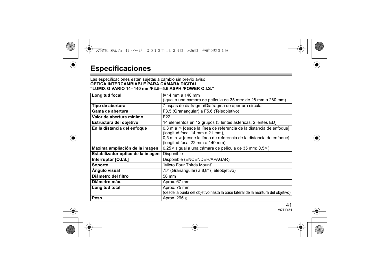 Especificaciones | Panasonic HFS14140E User Manual | Page 41 / 72