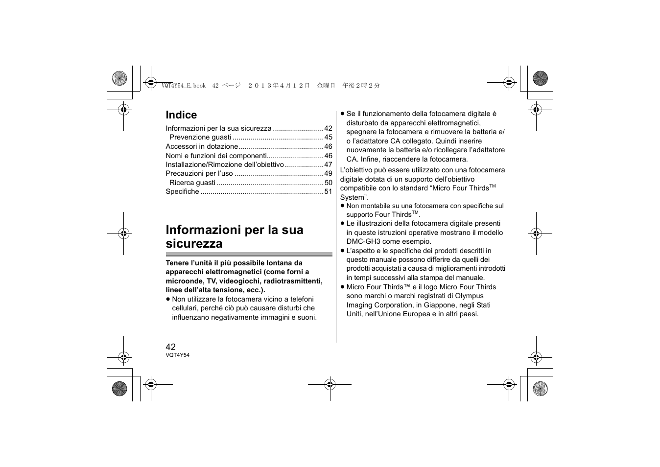 Informazioni per la sua sicurezza, Indice | Panasonic HFS14140E User Manual | Page 42 / 72