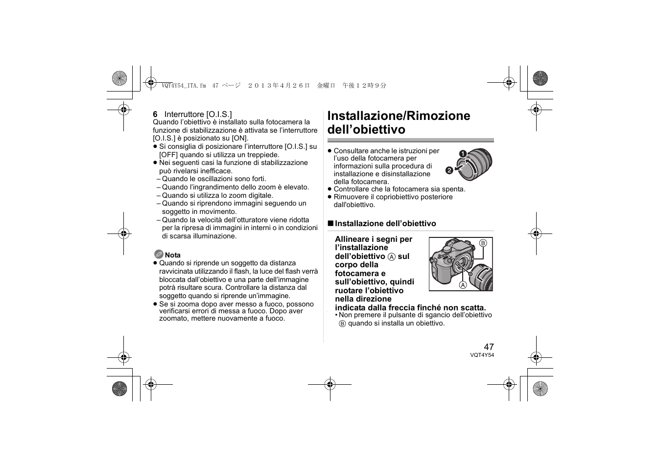 Installazione/rimozione dell’obiettivo | Panasonic HFS14140E User Manual | Page 47 / 72