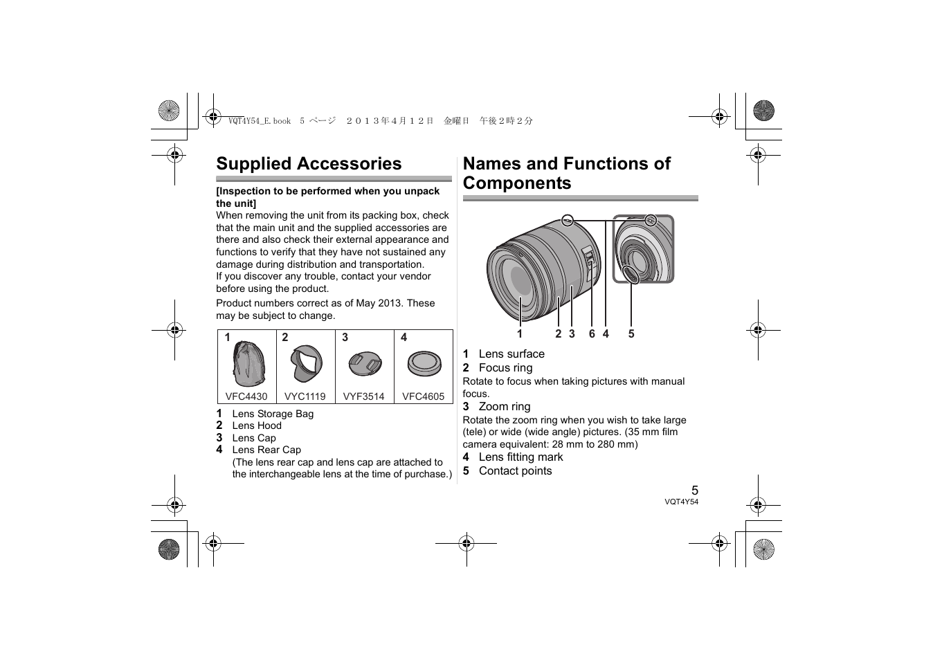 Supplied accessories, Names and functions of components | Panasonic HFS14140E User Manual | Page 5 / 72