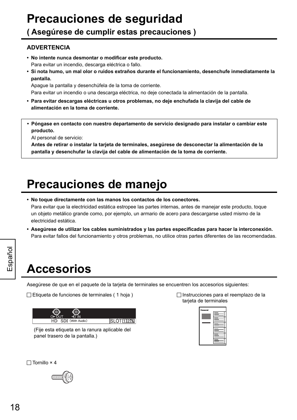 Accesorios, Precauciones de manejo, Precauciones de seguridad | Asegúrese de cumplir estas precauciones ) | Panasonic TYFB10HD User Manual | Page 18 / 32