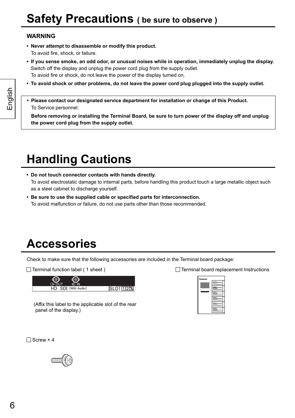Safety precautions, Accessories, Handling cautions | Be sure to observe ) | Panasonic TYFB10HD User Manual | Page 6 / 32