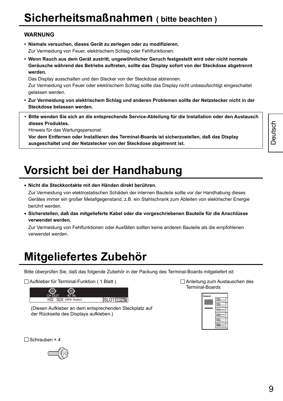 Sicherheitsmaßnahmen, Mitgeliefertes zubehör, Vorsicht bei der handhabung | Bitte beachten ) | Panasonic TYFB10HD User Manual | Page 9 / 32